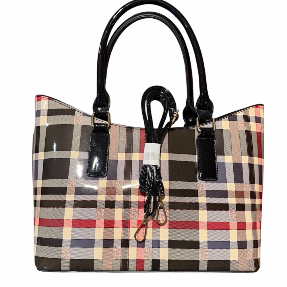 Patent Leather Plaid Fashion Tote Bag with Crossbody Strap - Picture 5 of 5